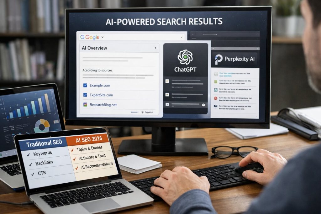 Person analyzing AI-driven SEO strategy on multiple screens with modern search tools and data dashboards