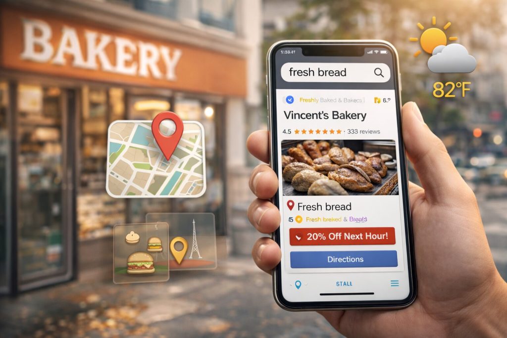 Smartphone showing personalized search results for fresh bread with nearby bakery, real-time weather, and limited-time offer based on user location