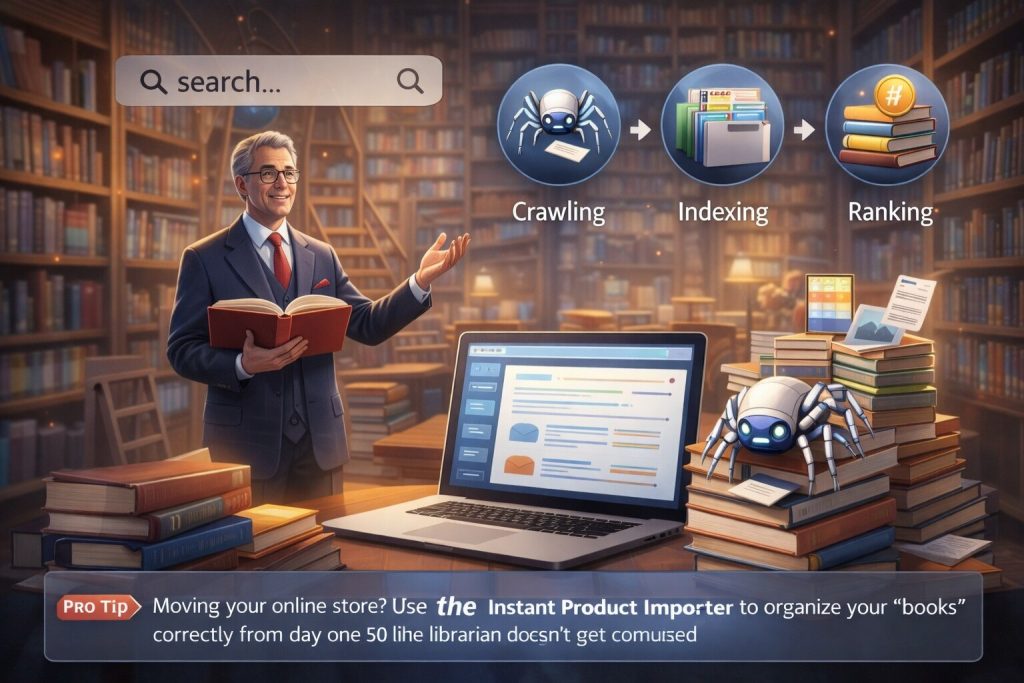 Illustration of search engine process using a librarian analogy showing crawling, indexing, and ranking with books, laptop, and spider bots