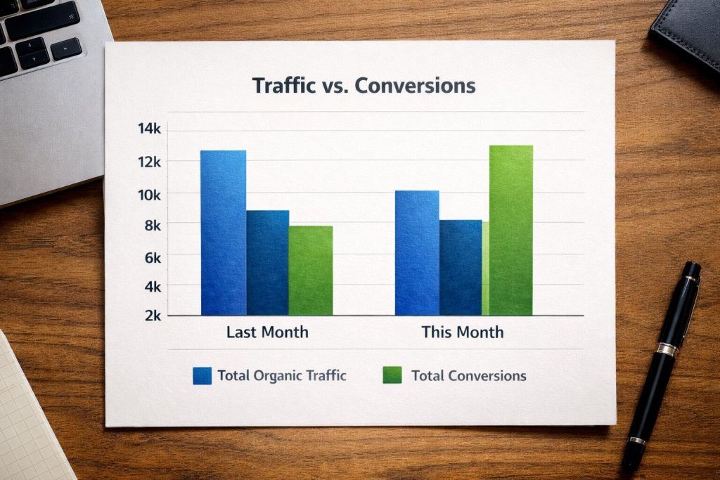 Bar chart comparing organic traffic and conversions over two months