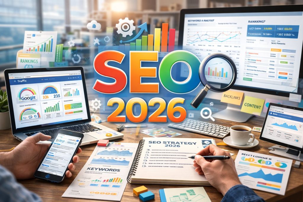 Modern workspace with multiple screens displaying SEO analytics, keyword research, and digital marketing strategy tools