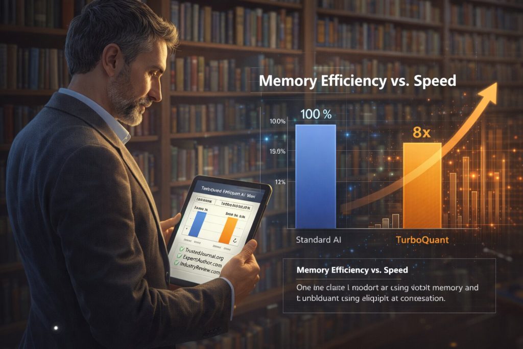 Realistic scene of a professional analyzing AI model performance on a laptop with data charts showing improved speed and reduced memory usage
