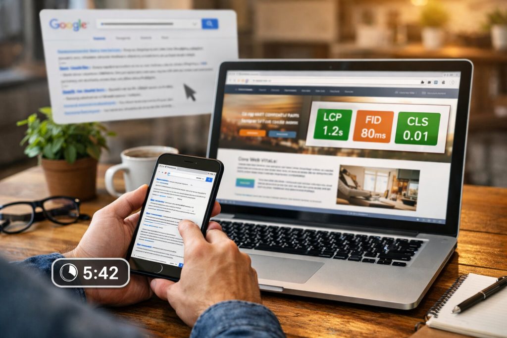Person browsing a website on smartphone and laptop, analyzing site performance and user experience metrics
