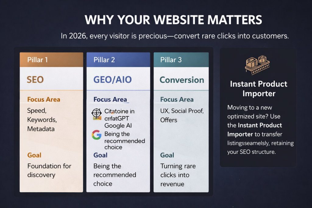 Infographic showing three pillars of modern website strategy: SEO, GEO/AIO, and conversion optimization for 2026