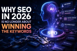 Futuristic illustration of AI-powered SEO showing a human head with digital brain, broken keyword chain, and elements like user intent, topical authority, and helpful content.