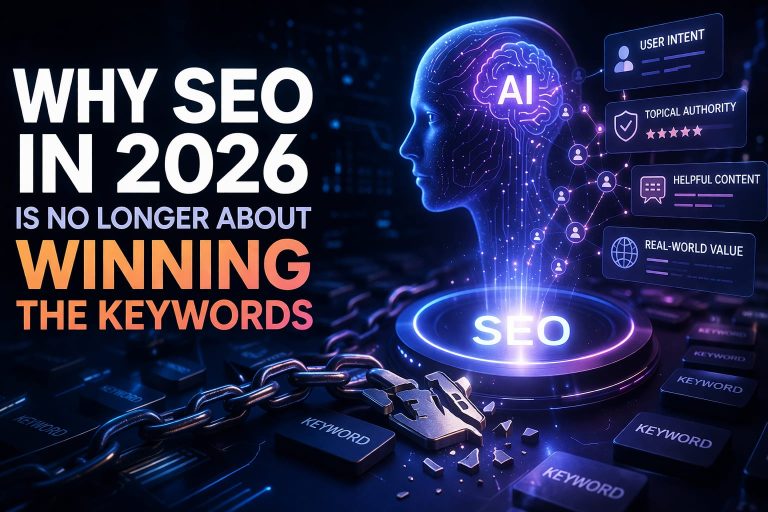 Futuristic illustration of AI-powered SEO showing a human head with digital brain, broken keyword chain, and elements like user intent, topical authority, and helpful content.