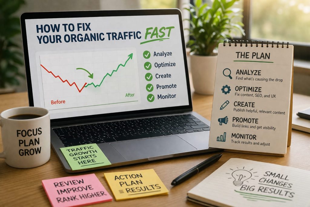 SEO expert analyzing declining organic traffic on laptop with graph showing traffic drop and tips to fix SEO performance fast.